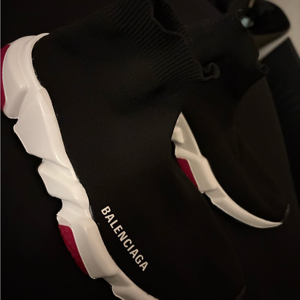 Balenciaga Black and White Sock Sneakers with Red Soles